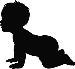 Vector illustration of baby crawling silhouette, cute infant profile, child growth stage, newborn development concept, black child icon for parenting, family and childhood design