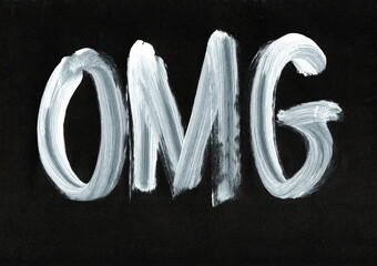 The word "OMG" is written in large white strokes on a black background. The contrast of the colors makes the word a bright and emotional accent. 