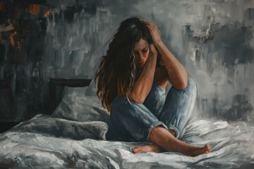 Painting of exhausted woman sitting on bed in despair.