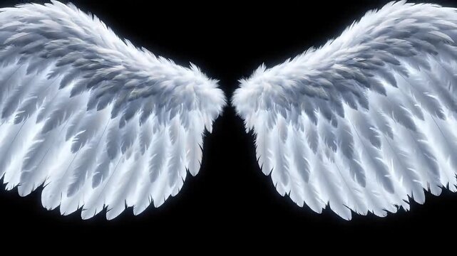 Majestic white angel wings spread wide against a dark, ethereal background