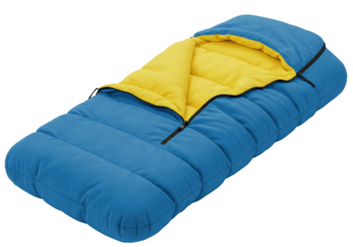 Blue and Yellow Sleeping Bag PNG Illustration isolated on Transparent Background for Camping and Outdoor Adventures