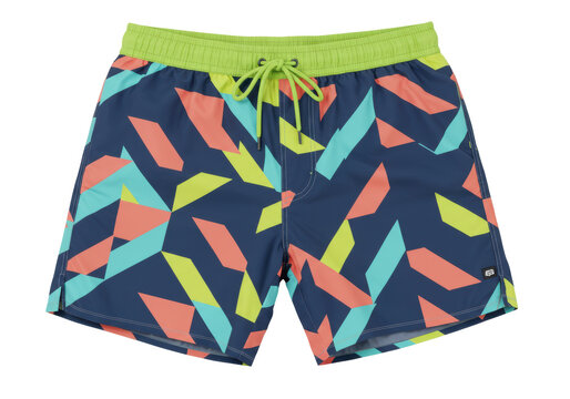 Colorful Geometric Pattern Swim Trunks Isolated on Transparent Background PNG Summer Beach Fashion Apparel