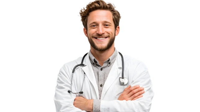 Portrait of smiling male doctor posing with folded arms isolated on transparent background,PNG image.