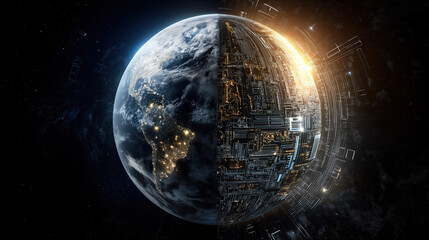 Earth half natural, half high-tech cityscape with circuit overlay and glowing transition, cosmic ecology-tech fusion