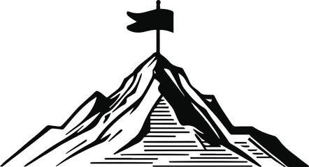 Mountain peak with flag on top, black and white vector line art, bold continuous lines, no shading, flat background, minimal adventure icon 1