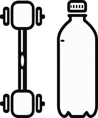 Simple dumbbell and water bottle in black and white vector line art, bold clean lines, no color, flat background, minimal icon style 3