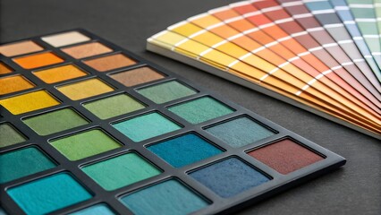 A vibrant collection of diverse color pigments and an open color swatch fan are beautifully arranged on a dark surface.