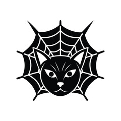Cat faced spider head silhouette with intricate spider web vector art illustration