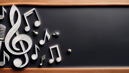 a blackboard with music icons including a treble clef notes a microphone and a guitar in the top quarter the rest blank