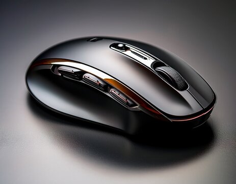 close up view of a sleek black wireless computer mouse with a scroll wheel and side buttons