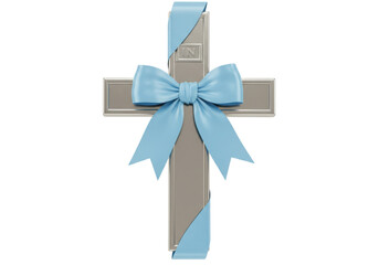Elegant Christian Cross with Blue Ribbon isolated on Transparent Background PNG Religious Symbol of Faith and Hope
