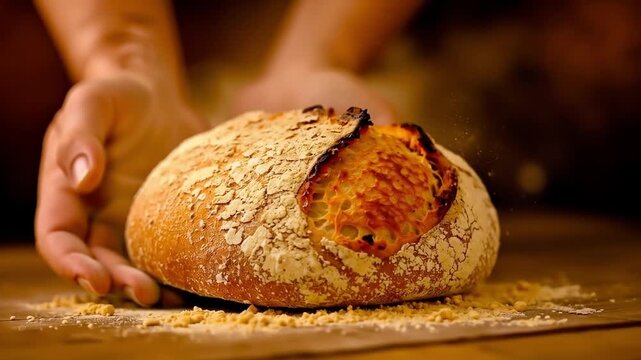 A person holding a loaf of bread on a wooden table