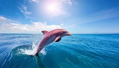 a vibrant pink dolphin joyfully leaps out of the clear blue ocean water under a bright sunny sky showcasing nature s beauty and marine life