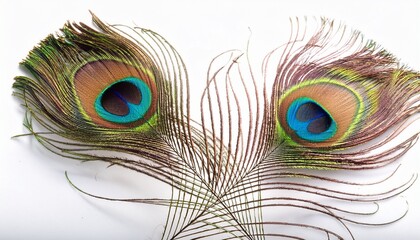 Obraz premium two peacock feathers isolated on a white background