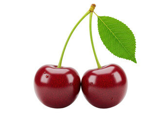 Two Ripe Cherries with Leaf PNG Illustration Isolated on Transparent Background Fresh Red Berries Fruit Still Life