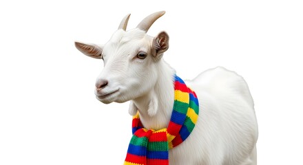 White goat wearing a colorful striped scarf, standing against a plain background, exuding charm