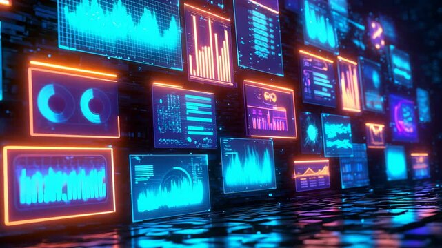 Immersive digital environment with dynamic holographic interfaces displaying complex analytics, global network connections, and multidimensional data representations