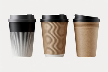 A row of three takeaway coffee cups featuring black, white, and kraft paper textures with lids, suggesting morning commute, cafe culture, and everyday beverage moments in a modern, minimalist style.