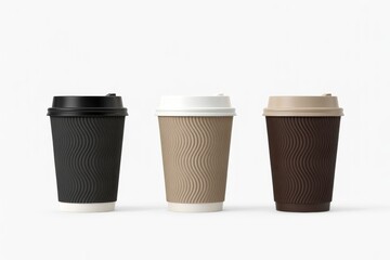 A trio of takeout coffee cups featuring textured wavy sleeves in black, beige, and brown. Ideal for lifestyle, cafe branding, or product styling, conveying everyday warmth and modern design.