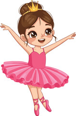 Fototapeta premium PrintAdorable little ballerina princess dancing gracefully in pink tutu, happy child wearing crown, cute cartoon girl illustration, kids ballet performance clipart