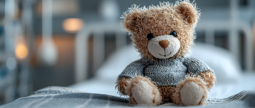Cute teddy bear toy on patient bed at hospital. Health center or hospital room for young patient. Healthcare and childhood concept. Childhood Cancer Awareness Month