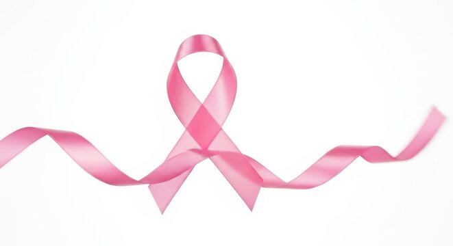 A delicate pink ribbon, a symbol of breast cancer awareness, gracefully curves across a clean white background.