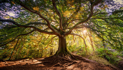 Fototapeta premium Majestic Tree With Intricate Roots In A Sunlit Forest