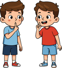 Cartoon boys illustration, children shushing gesture, quiet sign, secret keeping, playful kids art, friendship, communication, teamwork, education concept, vector character design