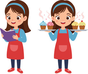 PrintCartoon girl reading recipe book, baking cupcakes illustration, child learning cooking, cute vector character, homemade dessert, kitchen activity, food education