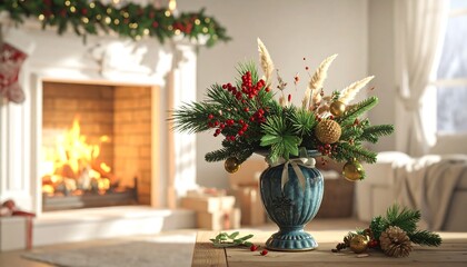Festive Christmas Arrangement with Fireplace and Garland