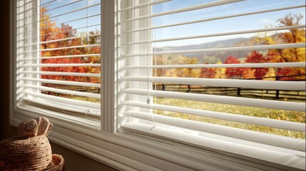 Obraz premium Autumn View Through White Wooden Blinds
