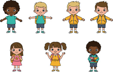 PrintCartoon school children, happy boy and girl, wearing backpacks, holding books, smiling faces, education illustration, student learning, classroom concept, back to school