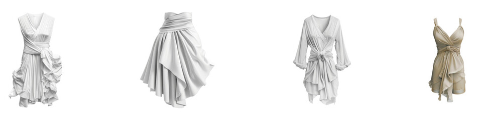 Collection of elegant draped dresses in light neutral tones showcasing textures