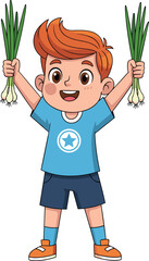 PrintHappy cartoon boy holding fresh green onions, healthy food celebration, vegetable mascot, kids gardening, smiling child illustration, organic lifestyle concept