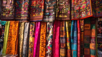 Colorful textiles hanging for sale at a market stall in rajasthan, india