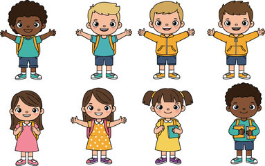 PrintHappy cartoon children, cute boy and girl, wearing backpacks, holding books, smiling faces, education illustration, classroom learning, school friends, back to school