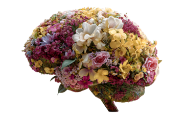 Human brain made of flowers created using Generative AI technology. Concept of mental health.
