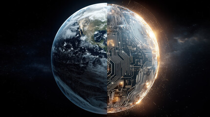 Earth half natural, half high-tech cityscape with circuit overlay and glowing transition, cosmic ecology-tech fusion