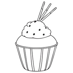 Cupcake with Sticks and Topping Vector outline on white background