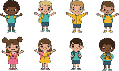 PrintSmiling cartoon children, happy boy and girl, wearing backpacks, holding books, back to school illustration, student learning, classroom education, friendship concept