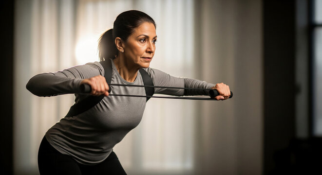 Determined middle-aged woman exercising with an elastic band, strengthening her back and shoulders during a home fitness routine - Powered by Adobe