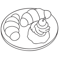 Croissants and Pastry on Plate Vector outline on white background