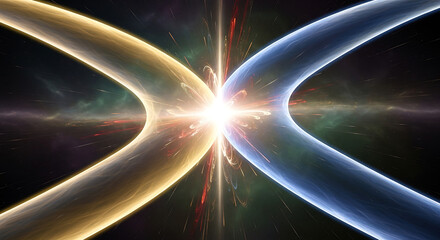 Dynamic cosmic collision outer space digital art sci-fi environment wide-angle view quantum concepts