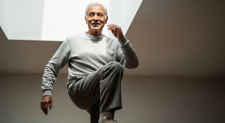 Active elderly man exercising at home for healthy aging. Cheerful senior doing cardio workout, high knees for fitness and well-being