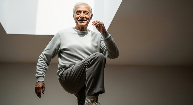 Active elderly man exercising at home for healthy aging. Cheerful senior doing cardio workout, high knees for fitness and well-being