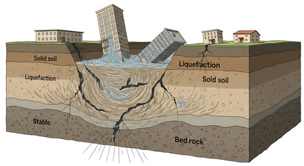 Liquefaction effects on buildings during earthquakes urban area educational illustration...