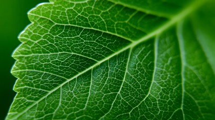 Detailed closeup view of a lush, green leaf showcasing its intricate vein patterns and textured surface, highlighting the natural beauty and complexity of plant life.