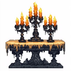 Pixel art flickering candelabra on haunted table on white background