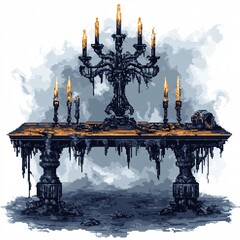 Pixel art flickering candelabra on haunted table on white background