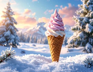 Winter ice cream cone in snow